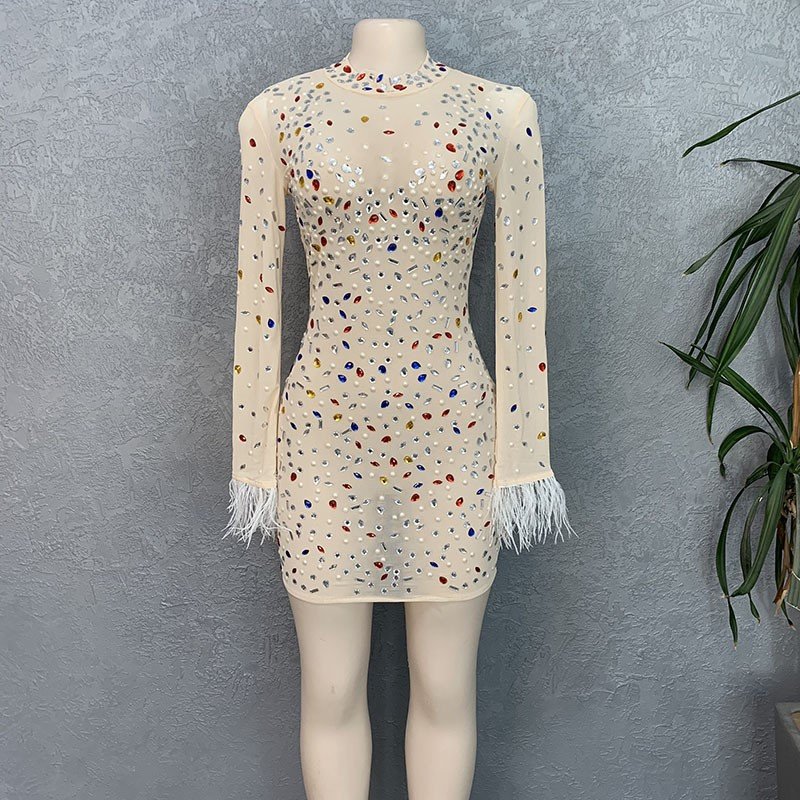 2023 Fashion Women Mesh Crystals Sexy Short Dress Ladies Evening Party Bodycon Rhinestones Costume Birthday Wear Mini Dresses