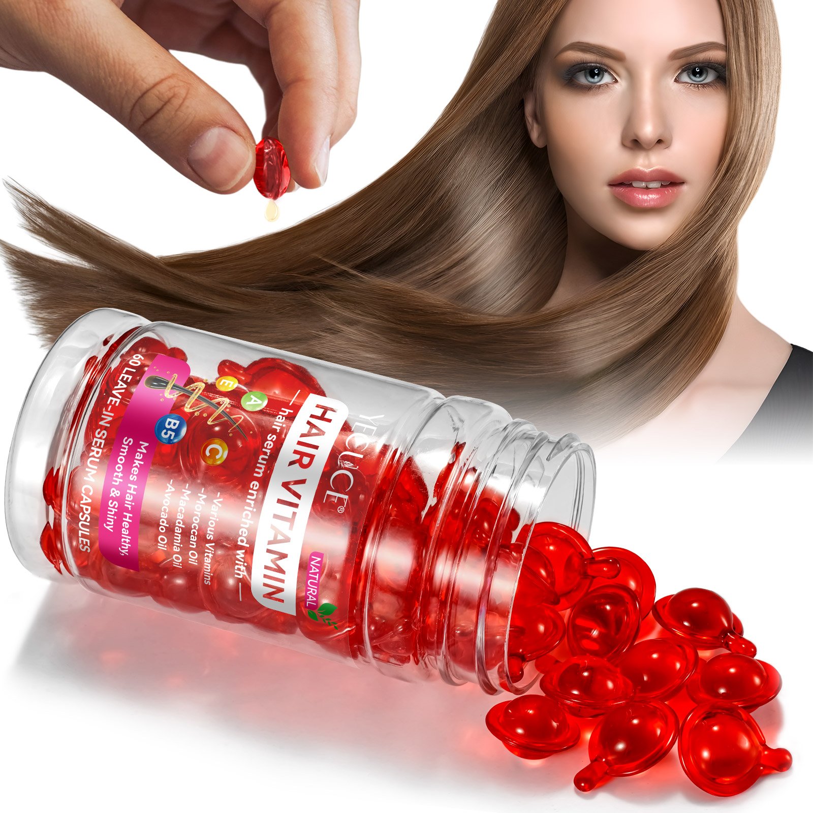 YECUCE 60Pcs Natural Organic Hair Loss Treatment Hair Repair Hair Vitamin Serum Capsules With Moroccan Macadamia Avocado Oil