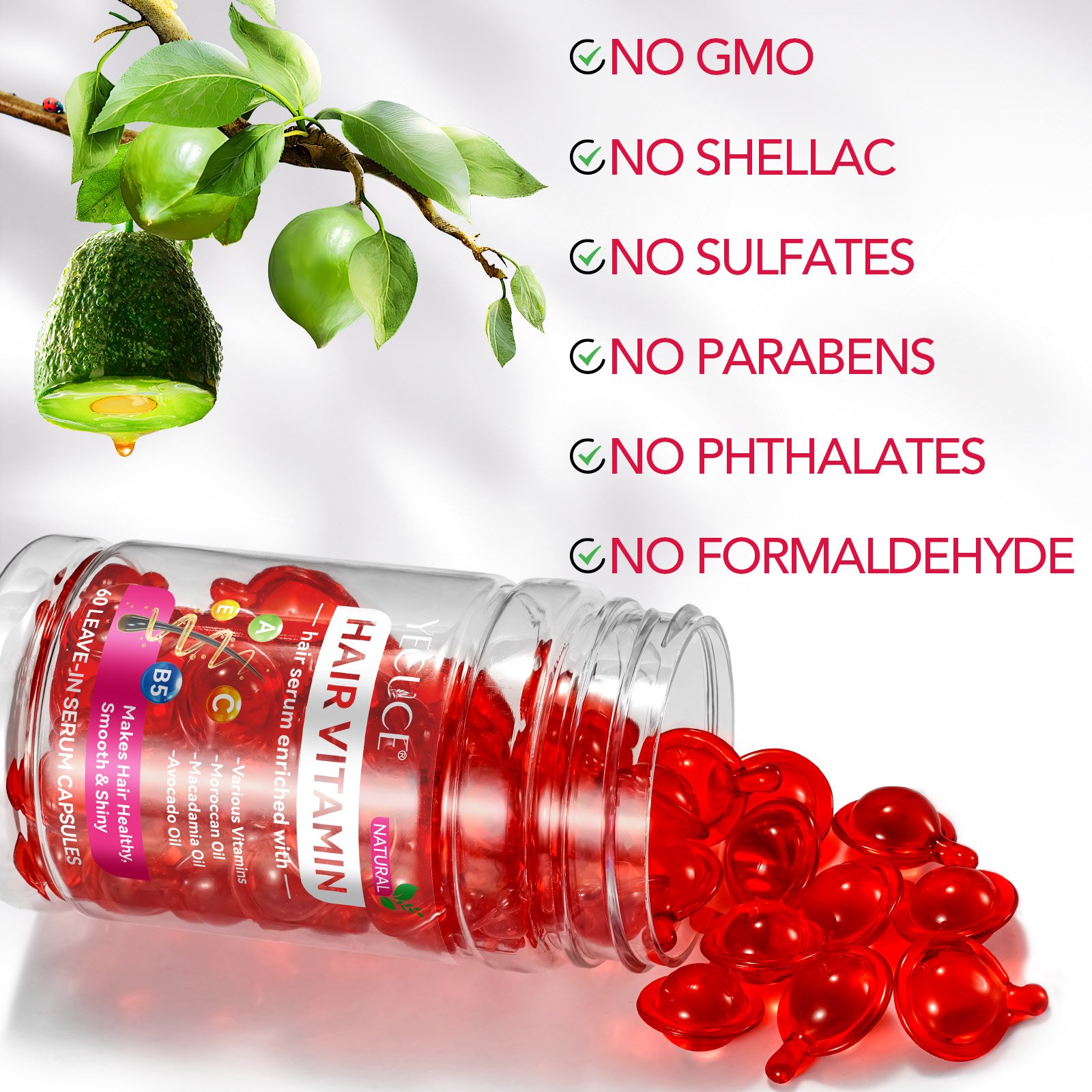 YECUCE 60Pcs Natural Organic Hair Loss Treatment Hair Repair Hair Vitamin Serum Capsules With Moroccan Macadamia Avocado Oil