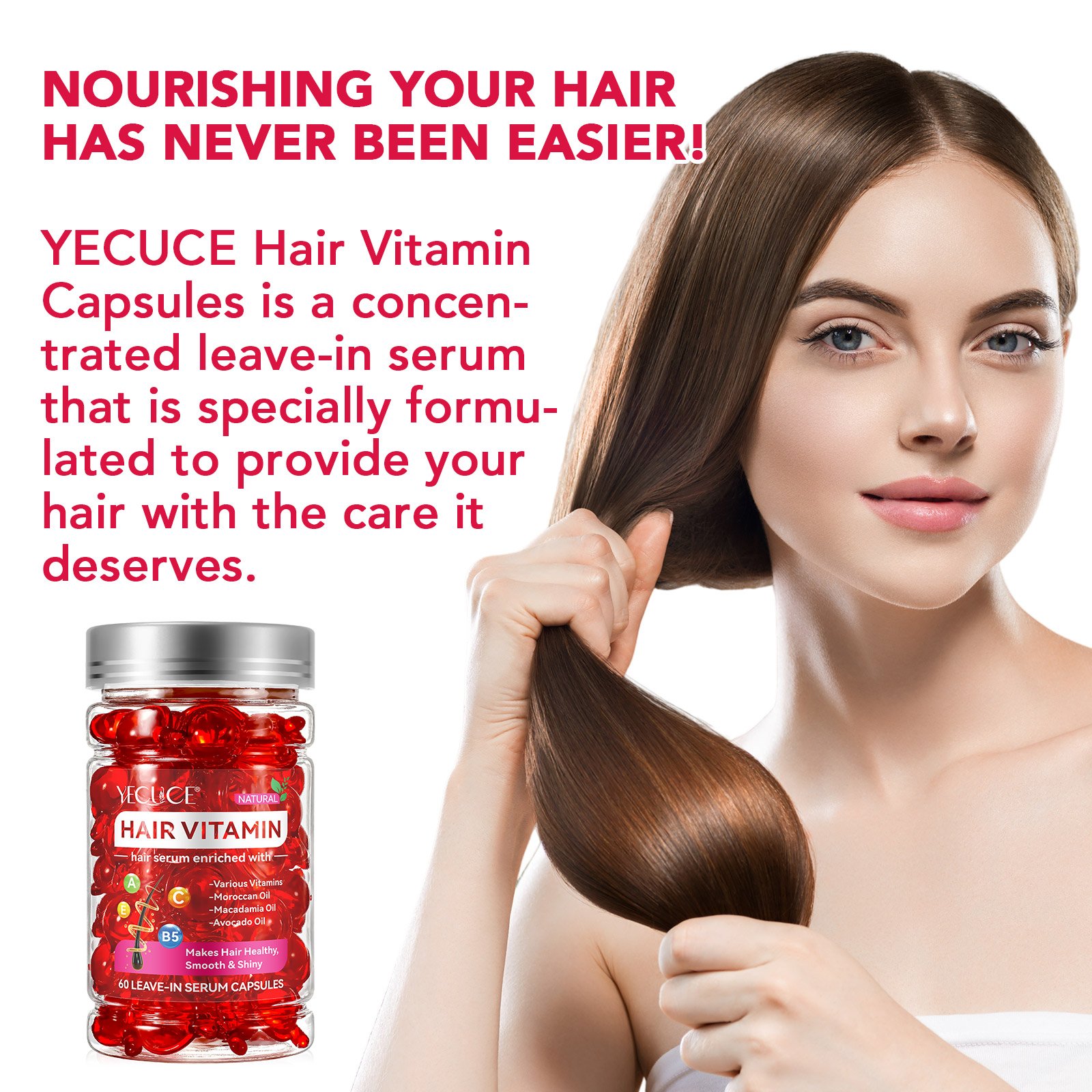YECUCE 60Pcs Natural Organic Hair Loss Treatment Hair Repair Hair Vitamin Serum Capsules With Moroccan Macadamia Avocado Oil