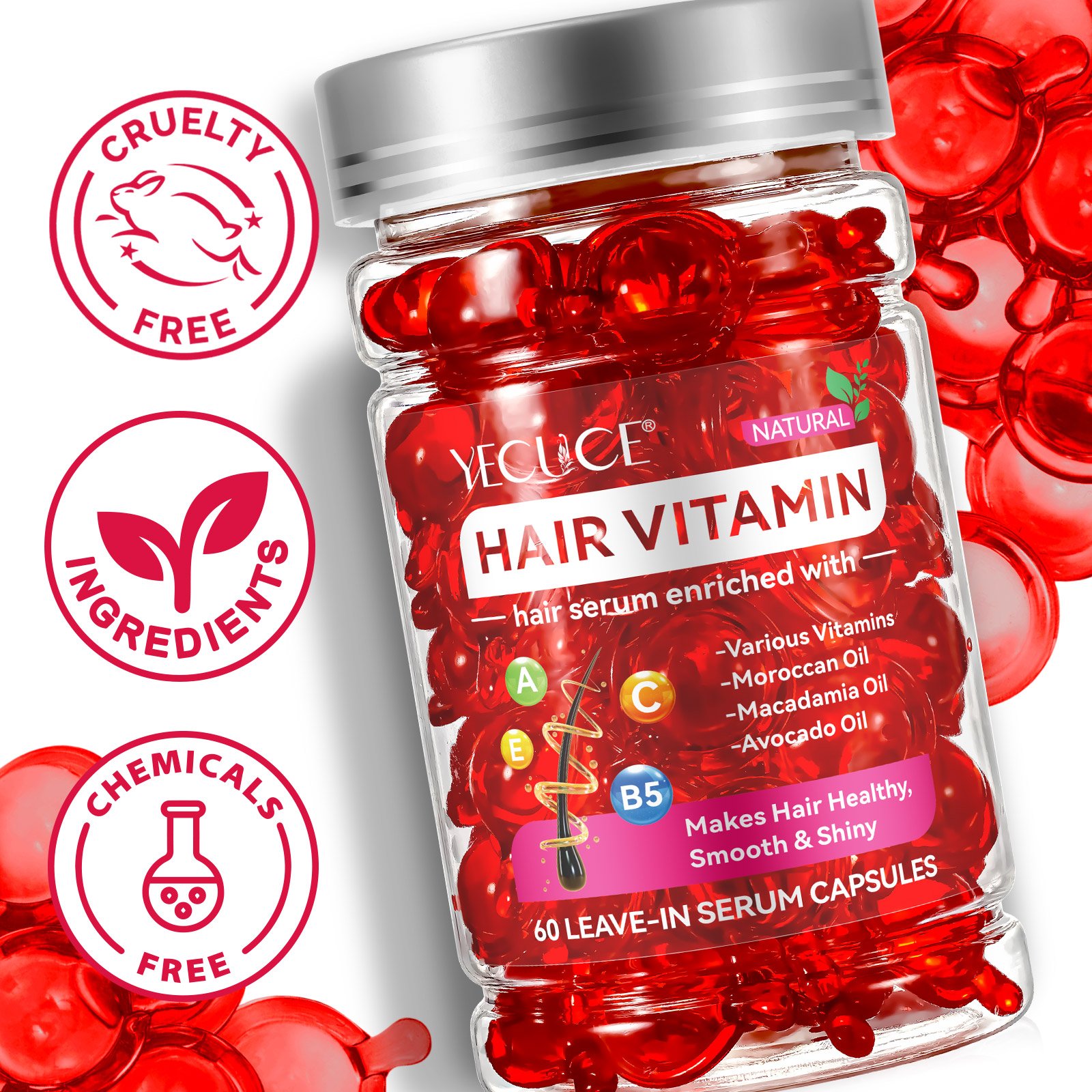 YECUCE 60Pcs Natural Organic Hair Loss Treatment Hair Repair Hair Vitamin Serum Capsules With Moroccan Macadamia Avocado Oil
