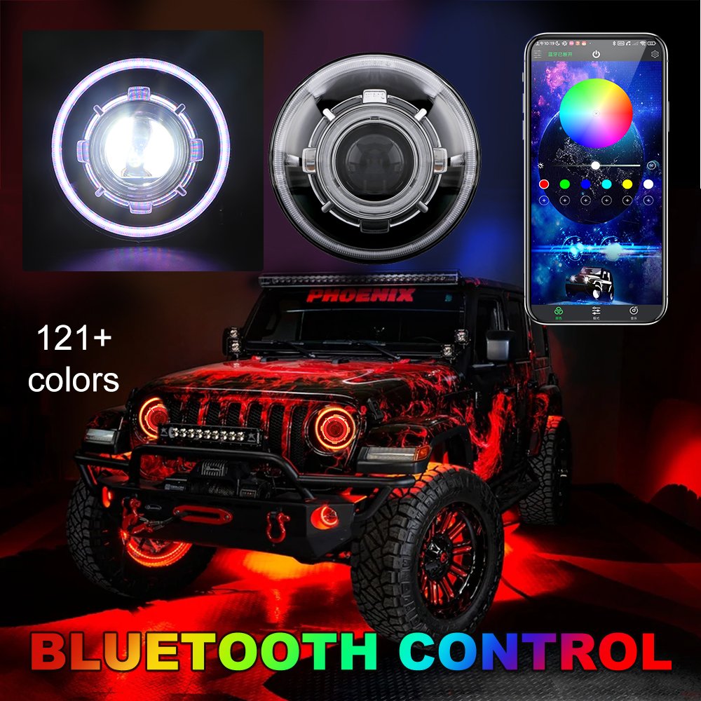 Loyo OEM 7 Inch Round angel eyes With High Low Beam Demons eyes Rgb Led Headlight 55W Halo ring Headlight For Jeep