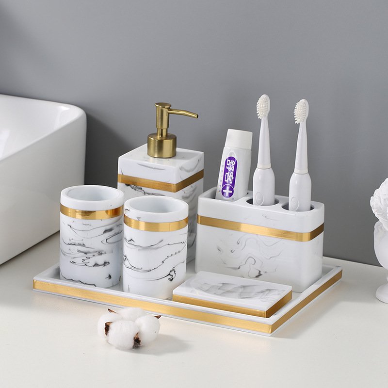 Luxury Bathrooms Decoration Marble Accessories Bathroom Products Productos Para El Bano Bath Set Gold Resin Bathroom Sets