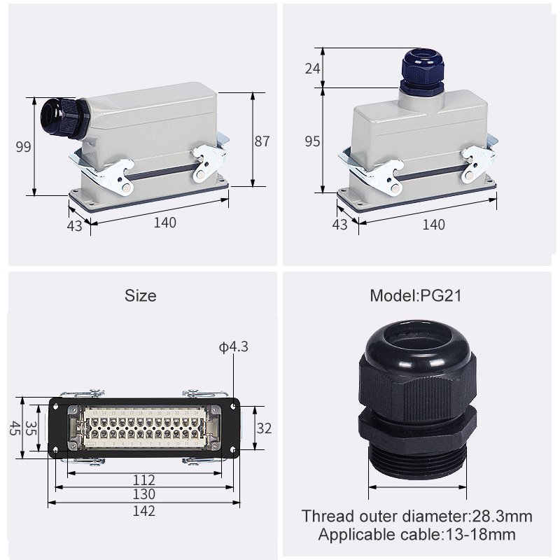 Terminal Electric Waterproof HE Series 24 Pins Male Female IP65 Heavy Duty Industrial Cable Connectors