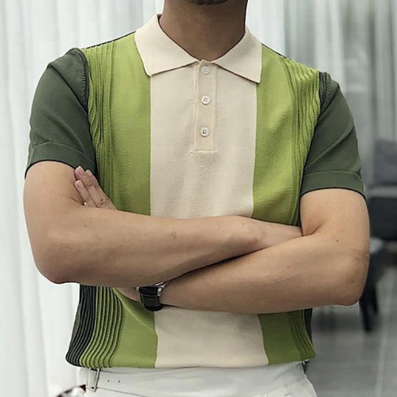 Wholesale New Teen Summer Sweater Advanced Stripe Button Men's Leisure Breathable Knitted Slim Fit Short T-shirts Polo Tops