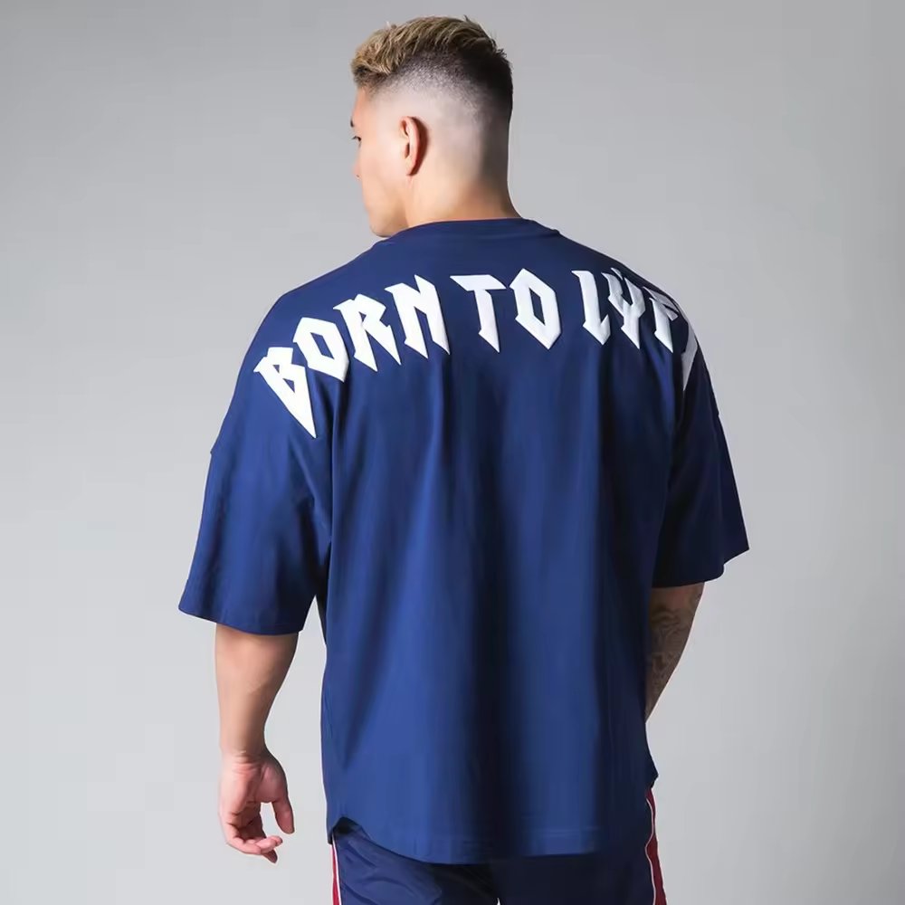 high quality heavyweight oversized drop shoulder athletic t shirt cropped gym sport puff print t shirt for men custom wording