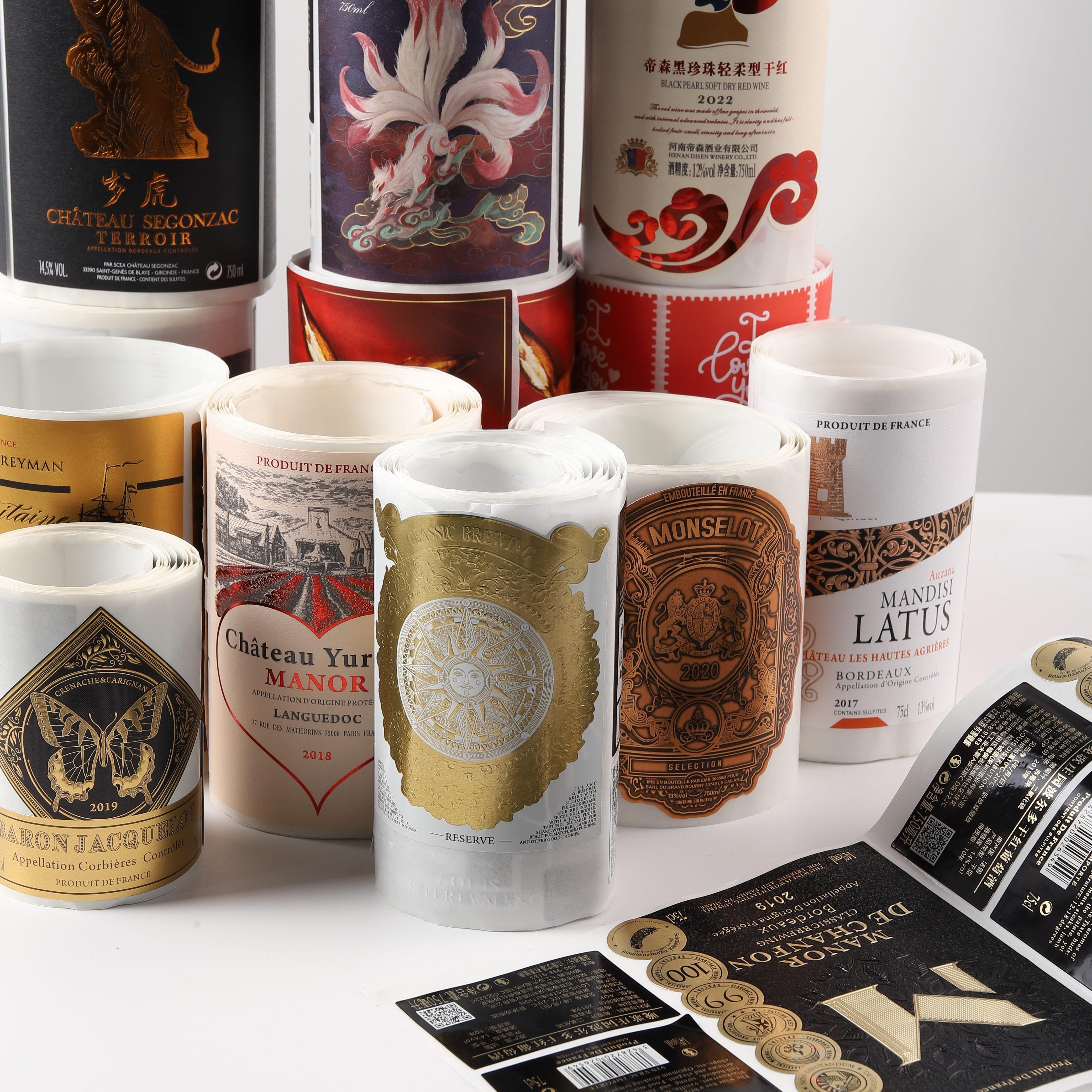 Custom Wine Bottles Label Water Resistance Dull Polished Embossed Gold Metallic El Wine Label Stickers