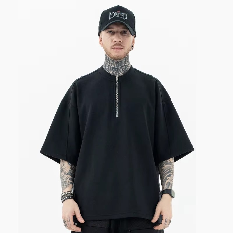 custom wholesale high quality crew-neck zip up Thickened Solid color t-shirt summer short-sleeve for man