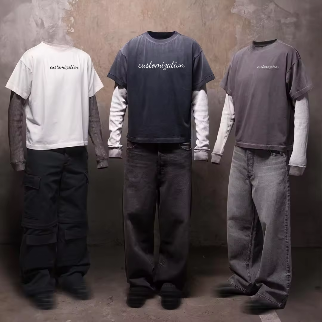 Custom Screen Print T Shirt Ripped 250 GSM Tee Full Double Layer Long Sleeve Cuff Stone Faded Acid Wash Boxy Cropped T Shirt Men