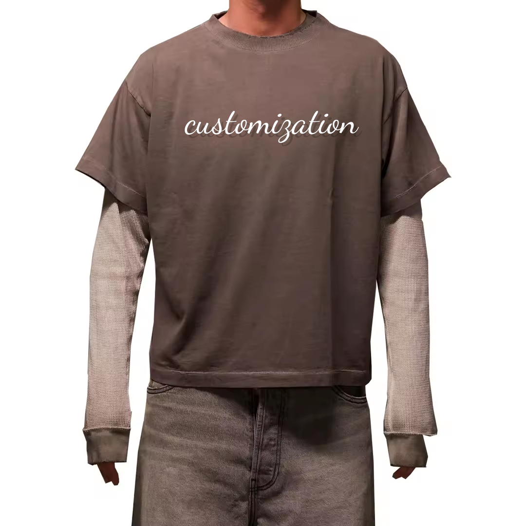 Custom Screen Print T Shirt Ripped 250 GSM Tee Full Double Layer Long Sleeve Cuff Stone Faded Acid Wash Boxy Cropped T Shirt Men