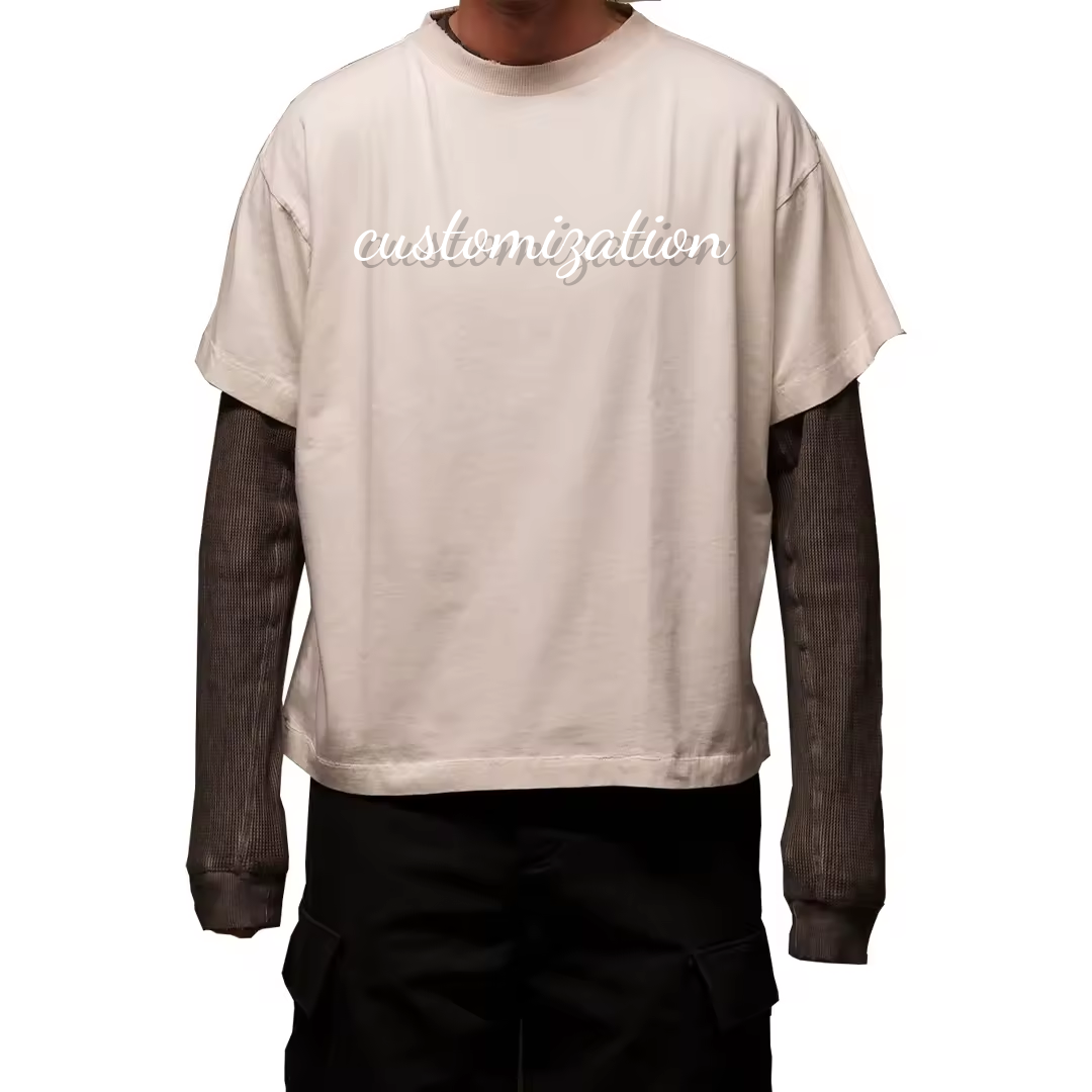 Custom Screen Print T Shirt Ripped 250 GSM Tee Full Double Layer Long Sleeve Cuff Stone Faded Acid Wash Boxy Cropped T Shirt Men