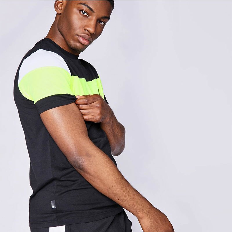 Product Overview Cut And Sew Sleeve Panel T-Shirt Black / Neon Lime / White Custom Men'S Heather Color Polyester Rayon Cotton