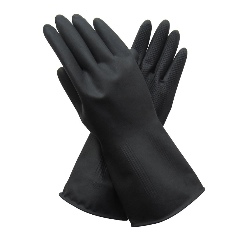 SUN BRAND BLACK JANITORIAL CHEMICAL WORKS LIQUID RESISTENCE THICK LATEX RUBBER INDUSTRIAL GLOVES