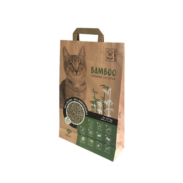 China manufacturer Custom printed biodegradable cat litter packaging paper bag with handle