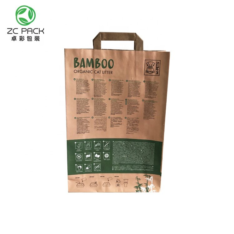 China manufacturer Custom printed biodegradable cat litter packaging paper bag with handle
