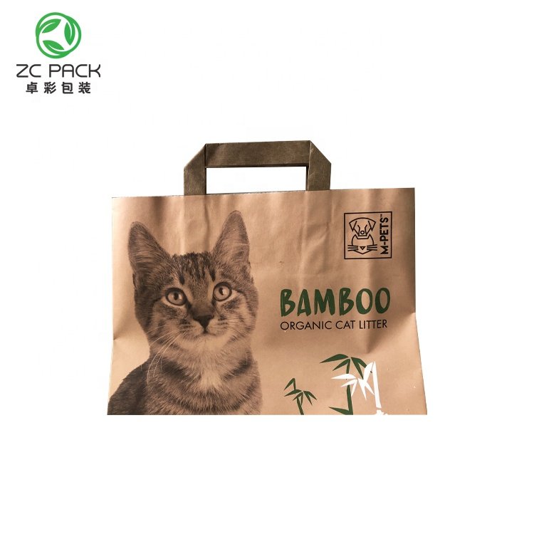 China manufacturer Custom printed biodegradable cat litter packaging paper bag with handle