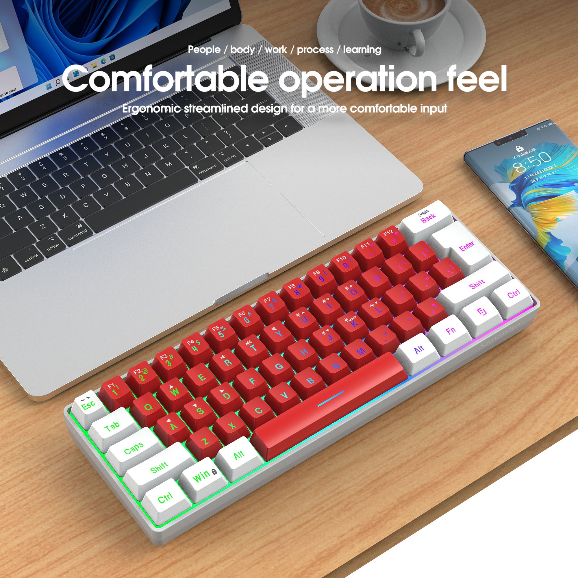 Wholesale HXSJ V700 61-key 60% percent membrane keyboard ergonomic ABS RGB portable wired gaming mechanical feel keyboard for pc