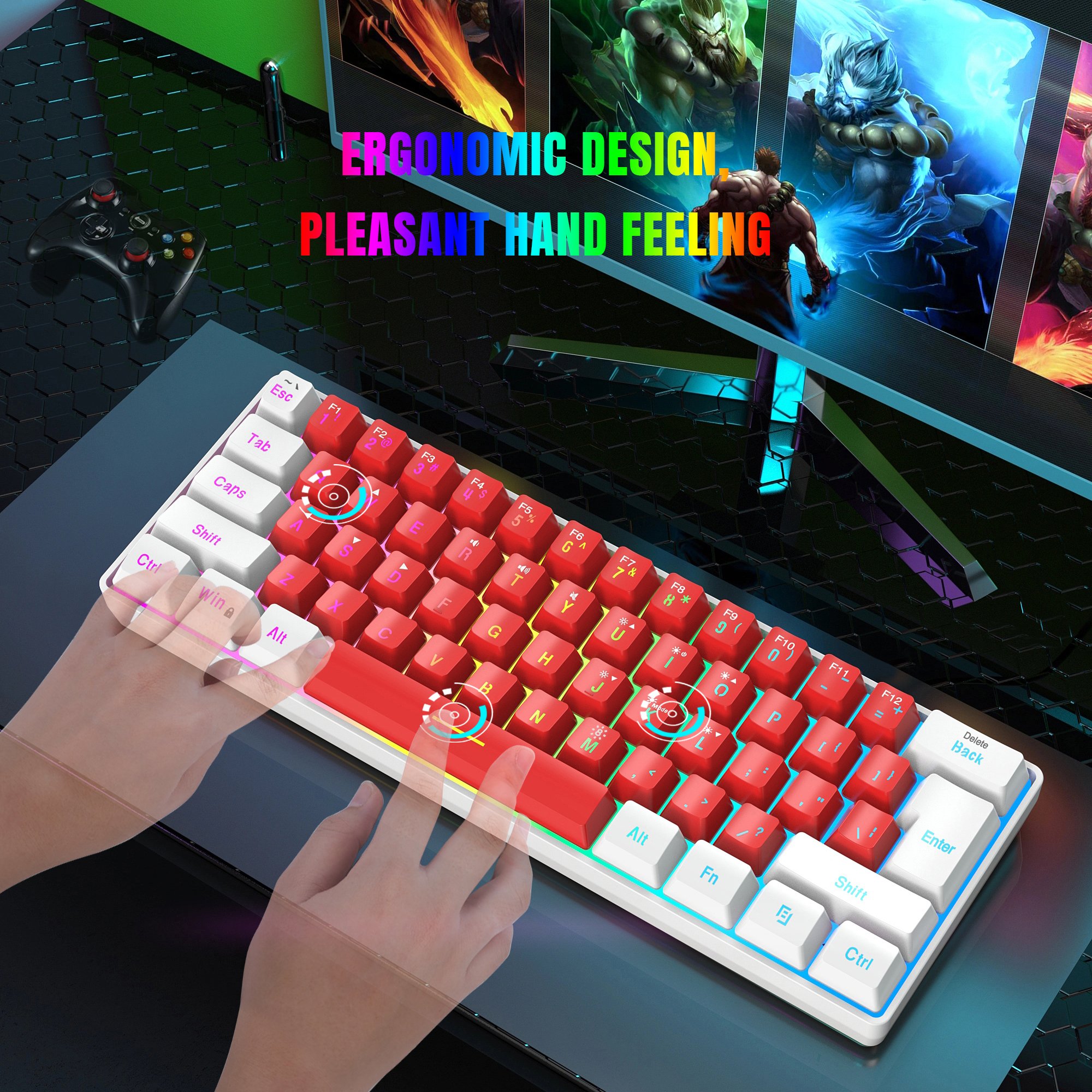 Wholesale HXSJ V700 61-key 60% percent membrane keyboard ergonomic ABS RGB portable wired gaming mechanical feel keyboard for pc