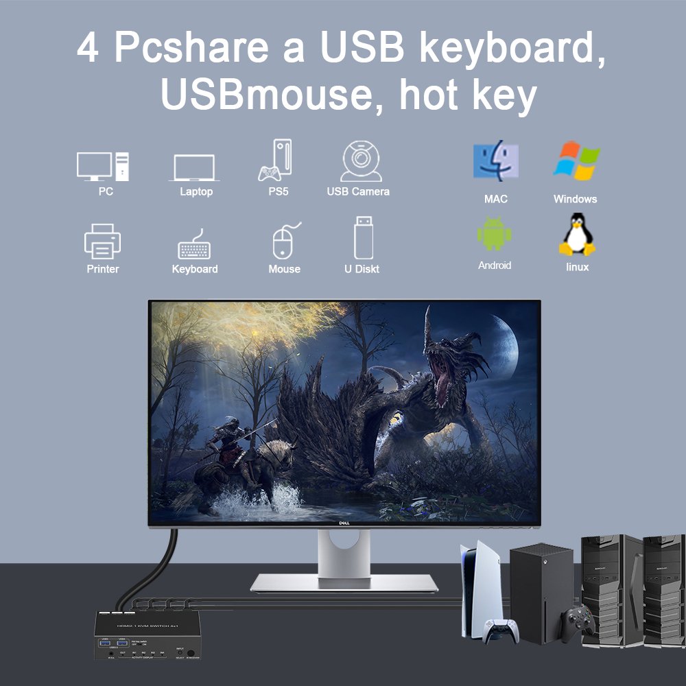 2 in 4 out hdmi switch splitter 8 port usb 3.0 kvm switch HotKey 4 ports 3 in 1 8K 4K 120Hz hdmi kvm switch 2 monitors