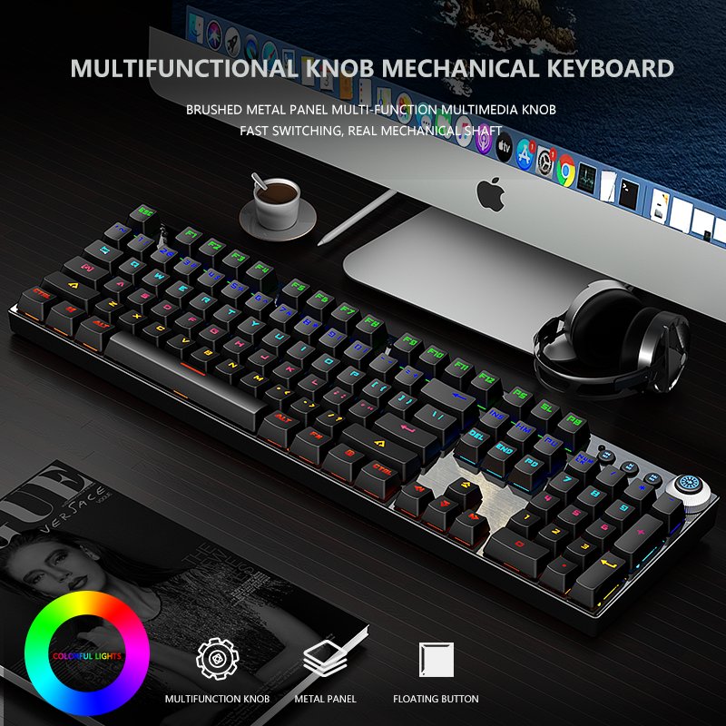 104 keys Multi-functionl Knob Mechanical Keyboard Brushed metal panel fast switching,real mechanical shaft keyboard