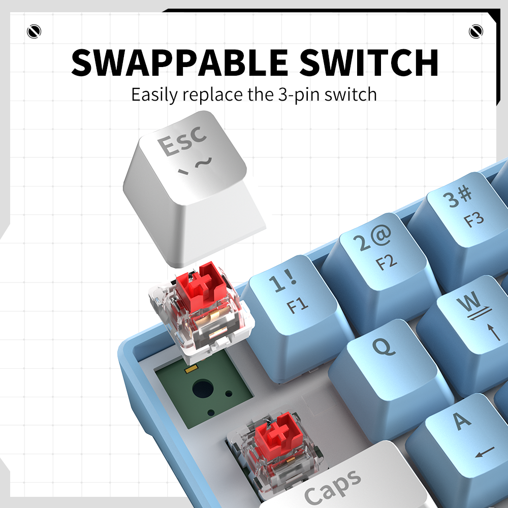 ZIFRIEND T62 Custom Red Switch Hot Swappable 25-key anti-ghosting 60 percent RGB 63 keys White Gaming Mechanical Keyboard