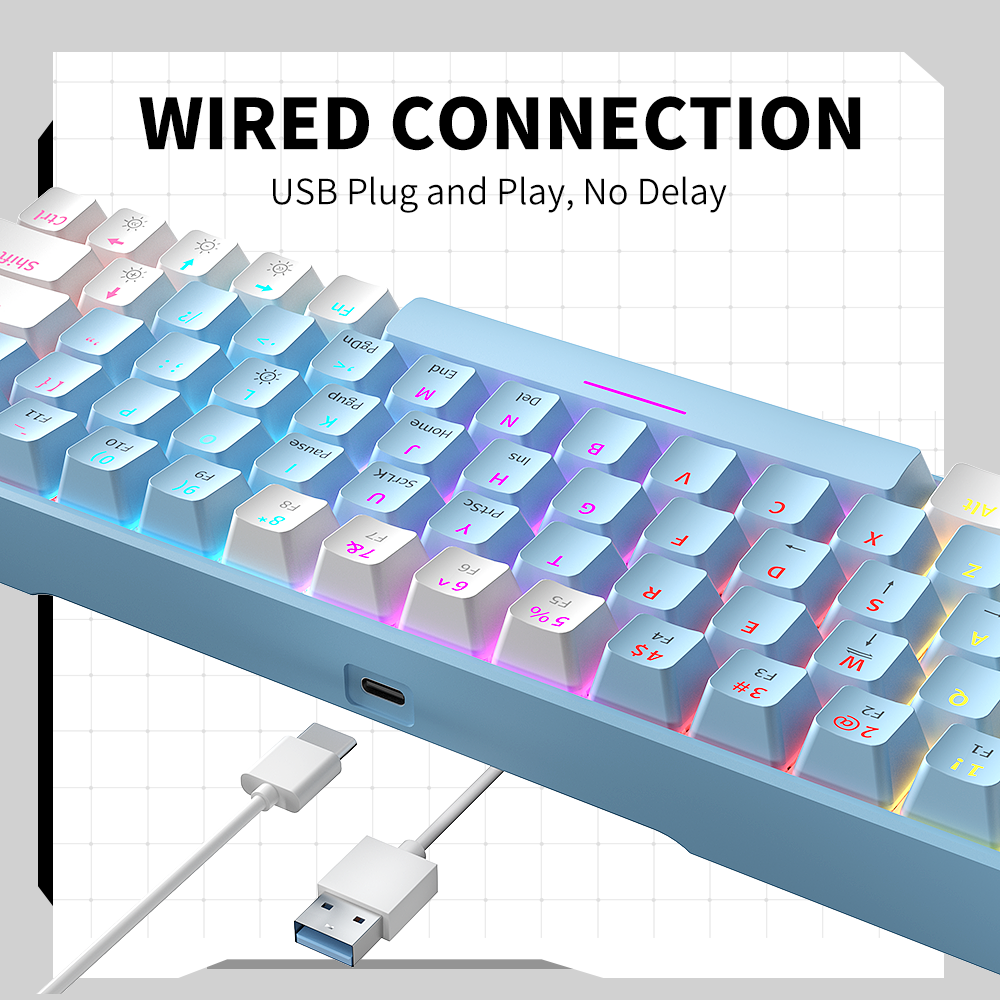 ZIFRIEND T62 Custom Red Switch Hot Swappable 25-key anti-ghosting 60 percent RGB 63 keys White Gaming Mechanical Keyboard