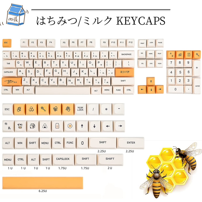 Aluminum XDA Honey Milk Keycaps Japanese Bee keycap 140-Key Set for Cherry MX Covers Fullsize 60% 65% 75% Keyboard