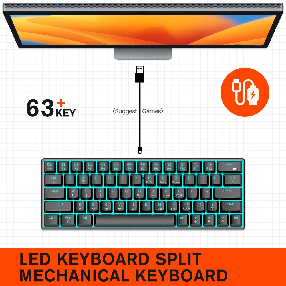 Mixed color keyboard portable TKL mechanical keyboard 60% Hot Swappable wired gaming 63keys mechanical keyboard