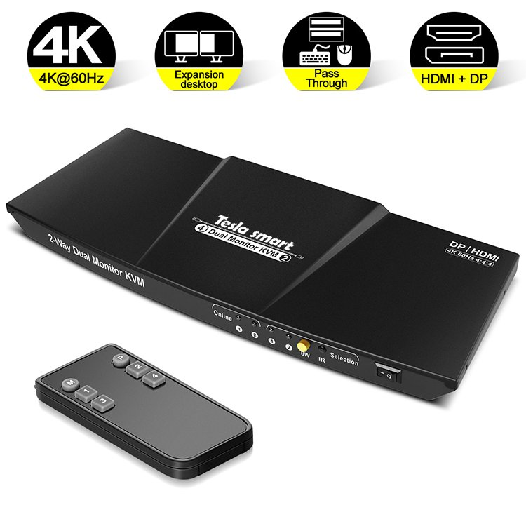 Tesmart Hot Selling input 2 HDMI + 2 DP output 2 HDMI KVM Switch Dual Monitor 4K 60Hz KVM Switch