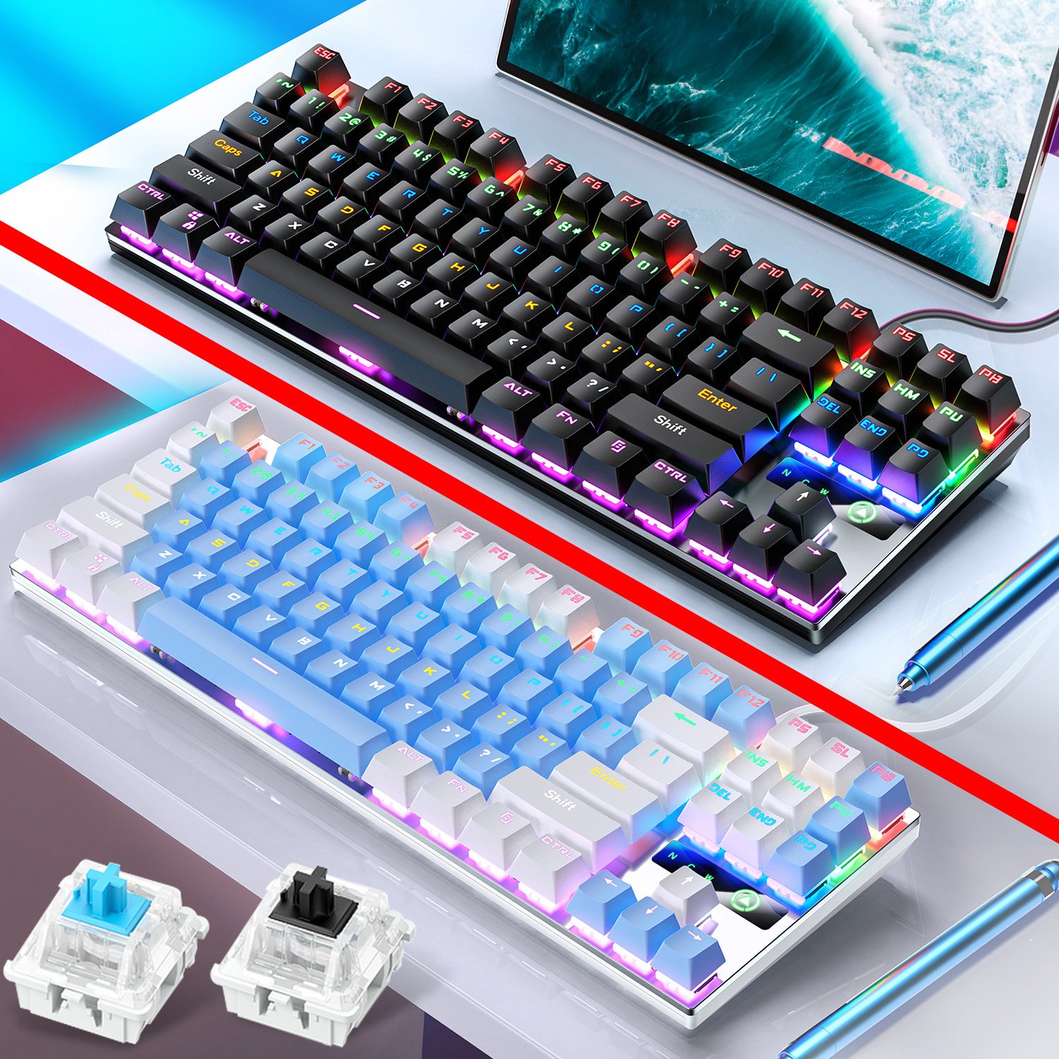 Real Mechanical Keyboard 87 keys 104 Keys USB Luminous Green and Alack Axis Computer Accessories Shen Kong Electronic Keyboard