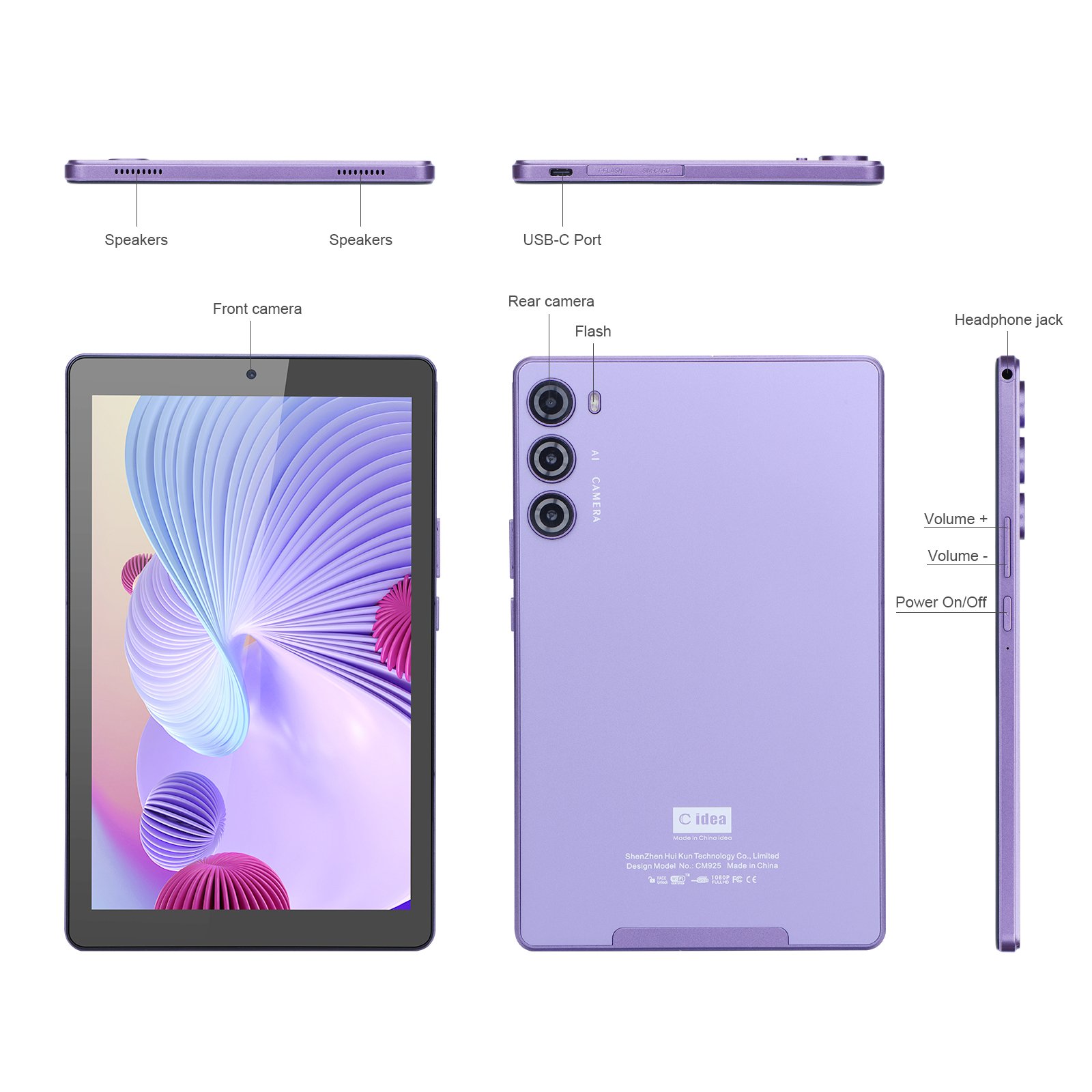 ODM Factory in China 8000mAh Battery 8GB RAM 512GB ROM WiFi Tablet for Adults Dual Camera IPS Screen 9 inch Android 12 Purple
