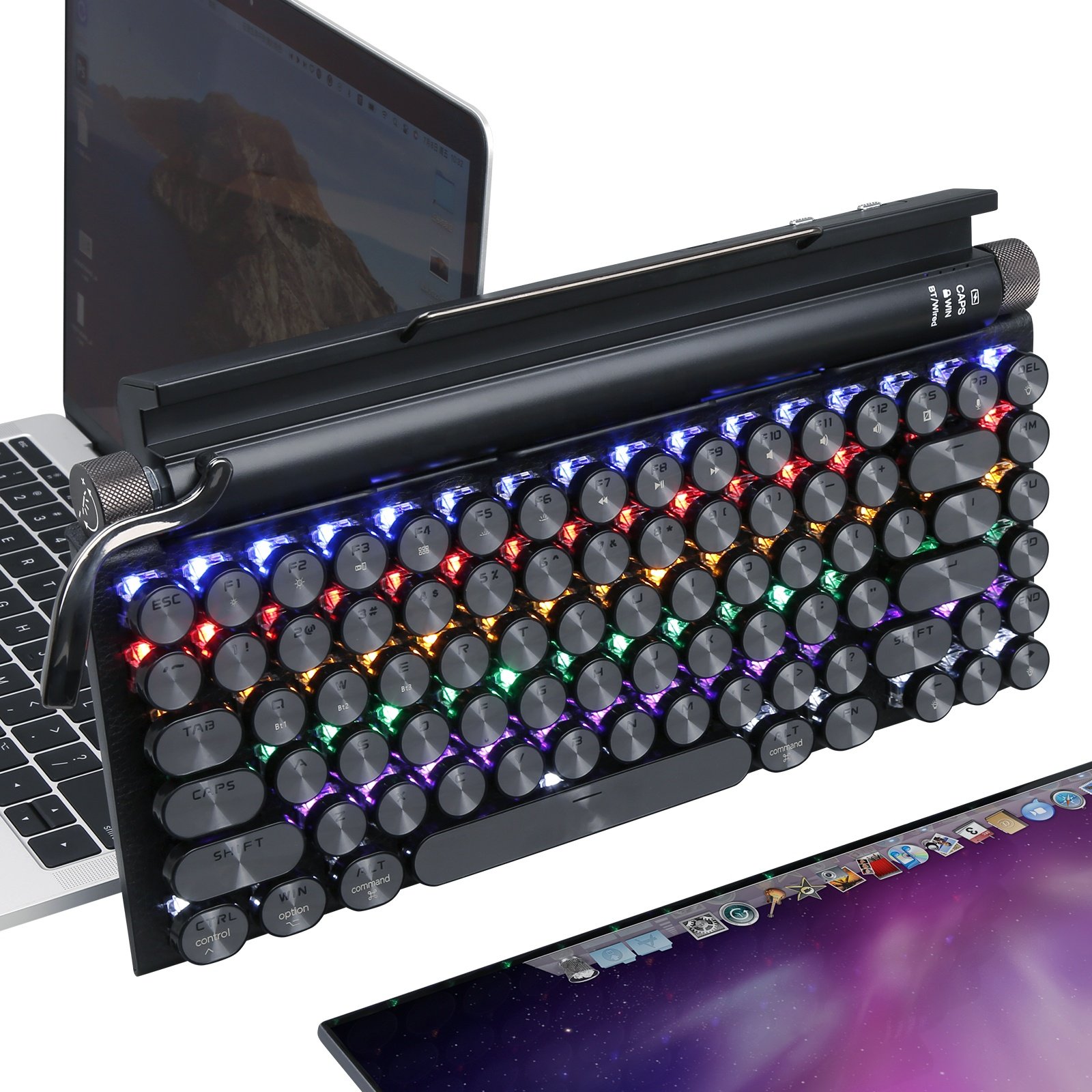 Razeak Retro Typewriter Design Punk Round Keycaps BT 5.0 Multi Devices Connection Wireless Mechanical Keyboard for Tablet Mac PC