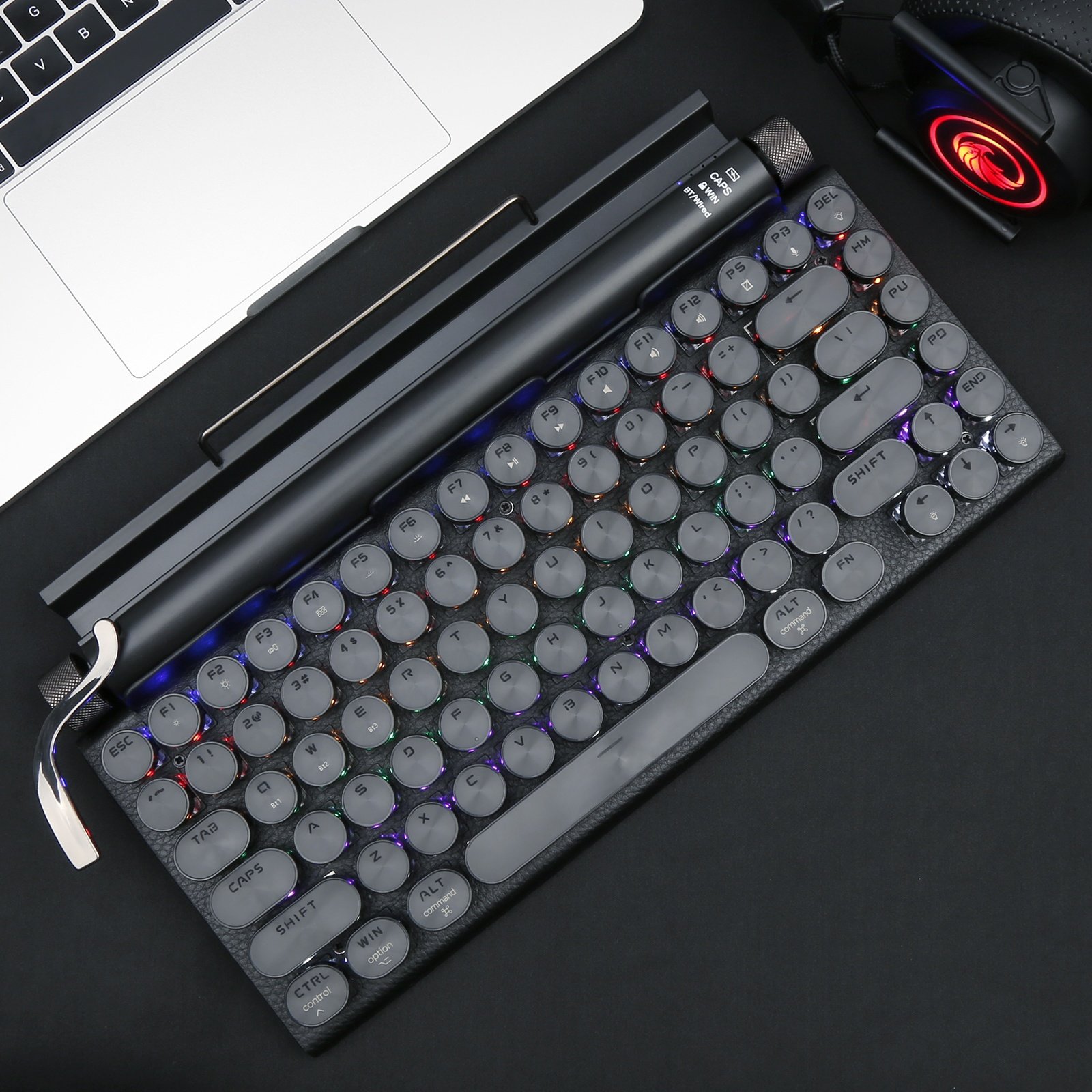 Razeak Retro Typewriter Design Punk Round Keycaps BT 5.0 Multi Devices Connection Wireless Mechanical Keyboard for Tablet Mac PC