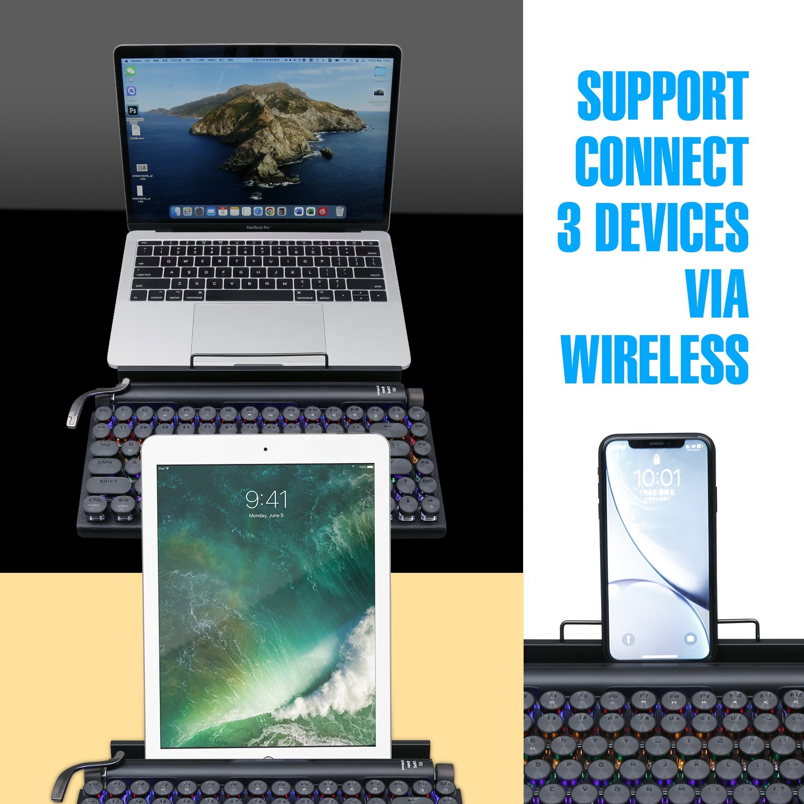 Razeak Retro Typewriter Design Punk Round Keycaps BT 5.0 Multi Devices Connection Wireless Mechanical Keyboard for Tablet Mac PC
