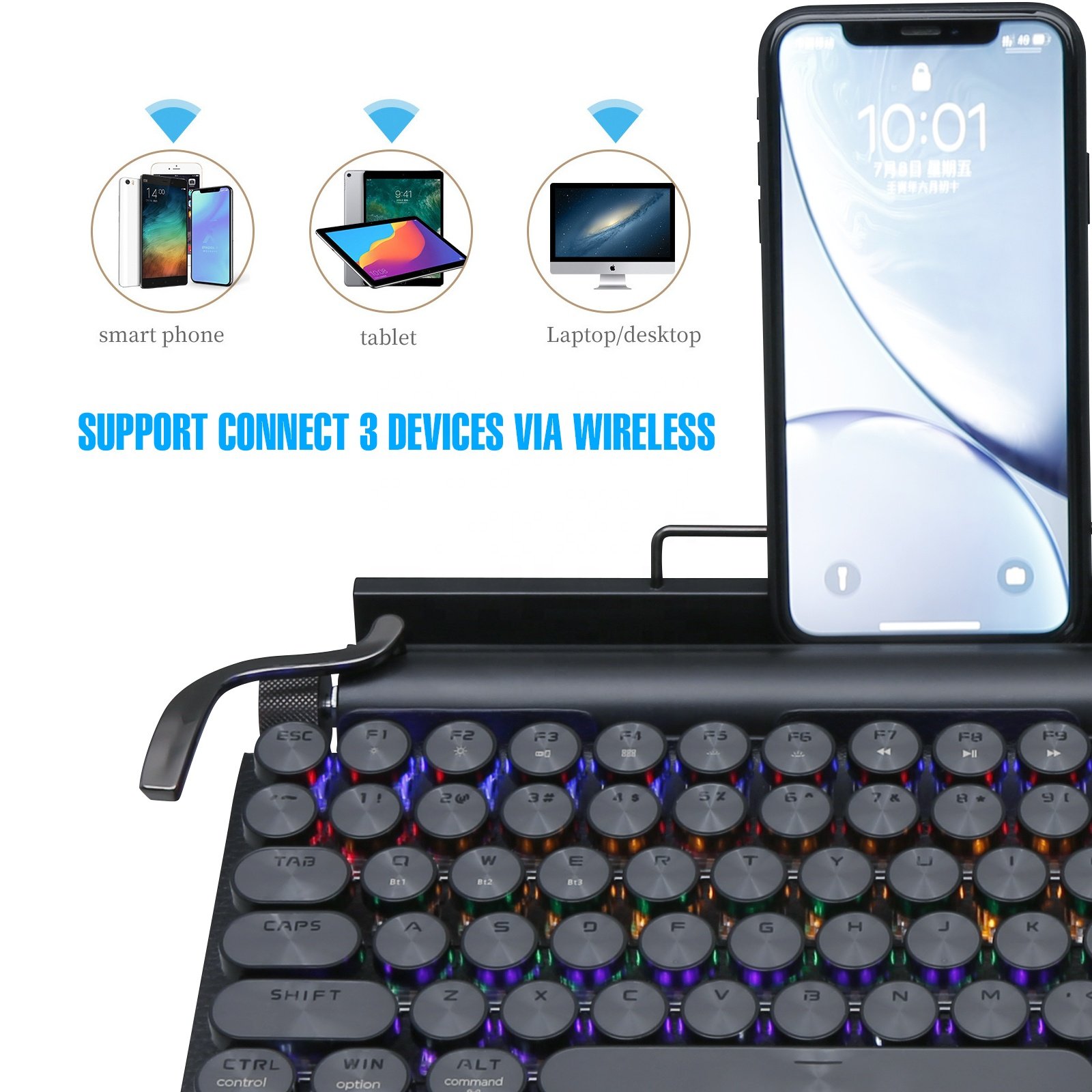Razeak Retro Typewriter Design Punk Round Keycaps BT 5.0 Multi Devices Connection Wireless Mechanical Keyboard for Tablet Mac PC