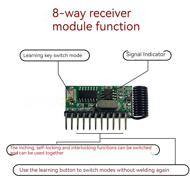 8-Channel 315RF433 Radio Frequency Wireless Remote Control Switch Receiving Module with Decoding High-Level Self-Locking