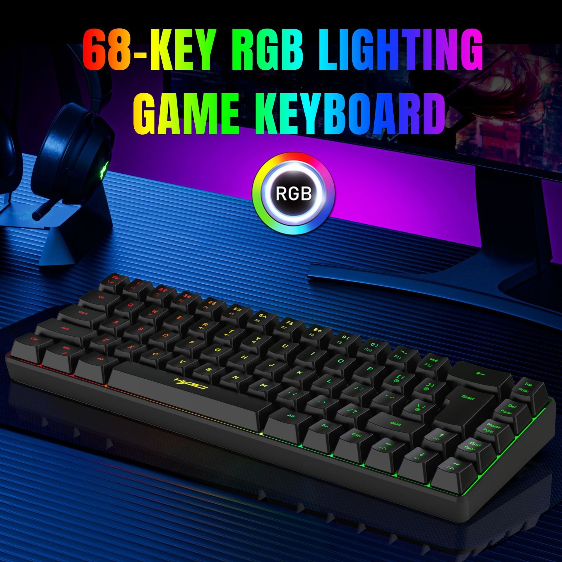 Wired Membrane Keyboard RGB LED Backlight Gaming Keyboard 68keys Computer Keyboard Gamer For PC Laptop Game/Office