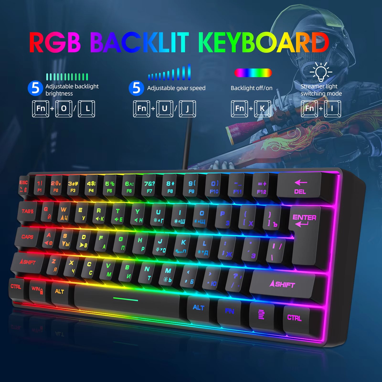 Professional Mechanical Keyboard RGB Anti Ghosting USB Mechanical Keyboard for Home Game Wired Gaming Keyboard 61Keys