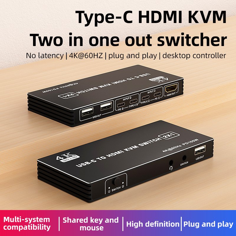 Type-C USB C to HDMI KVM Switch 4K 60Hz 2x1 for 2 Computers Share 1 HDMI Monitor Support PD 100w Charging and Mouse Keyboard