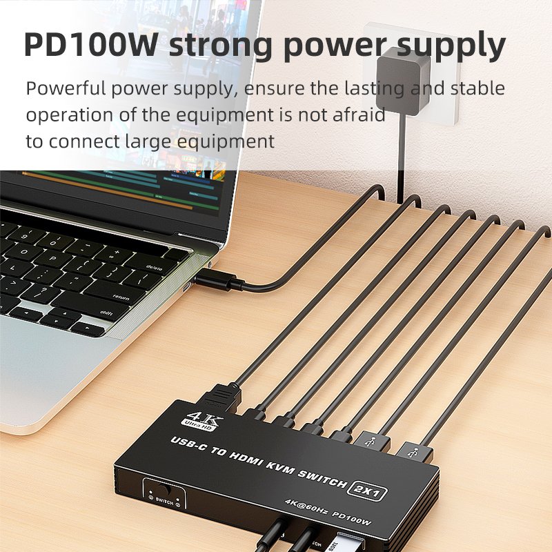 Type-C USB C to HDMI KVM Switch 4K 60Hz 2x1 for 2 Computers Share 1 HDMI Monitor Support PD 100w Charging and Mouse Keyboard