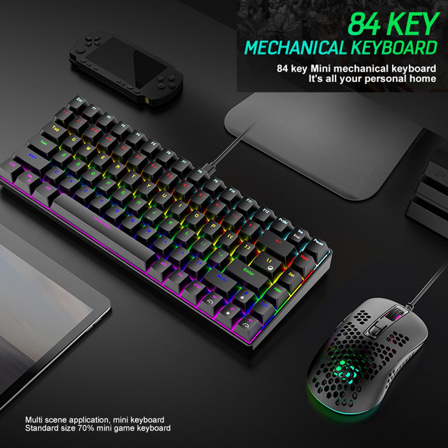 60 Percent 84 Keys 18 Backlit Effects Red Switch Wired RGB Mini Mechanical Gaming Keyboard Mouse Combo for Gamers