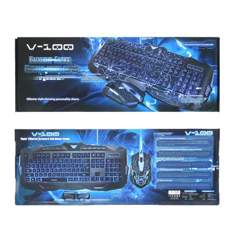 V100 Keyboard OEM LED Tri-Color Backlit crack PC Computer USB Gaming Keyboard and mouse combos