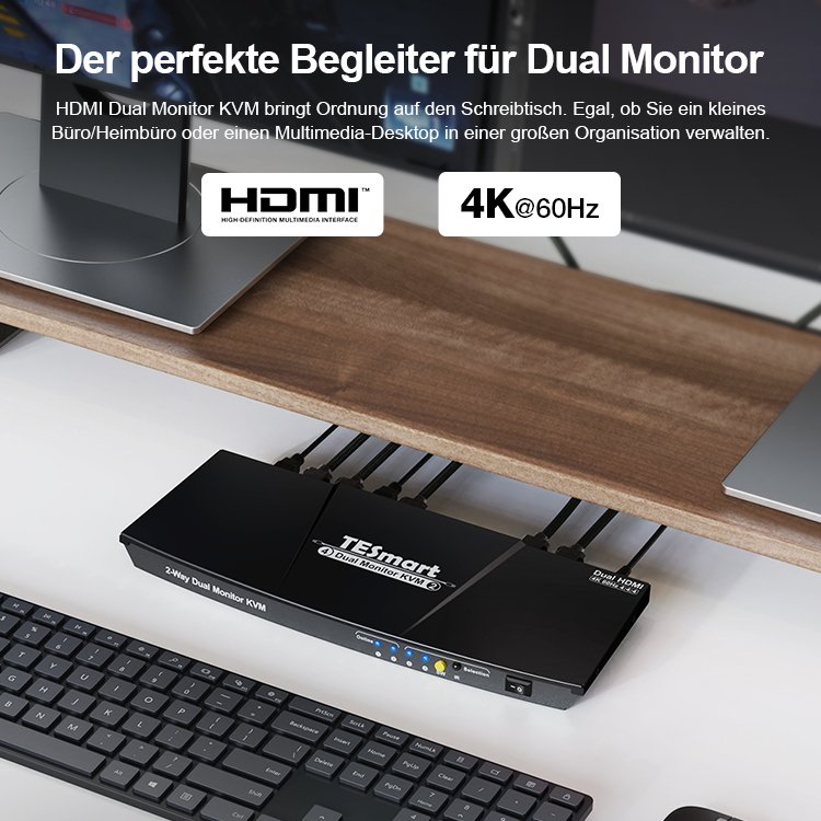 TESmart 2 Port Dual Monitor KVM Switch Kit HDMI 4K60Hz with EDID Support 2 Display Mode No delay 2x2 Video Switcher