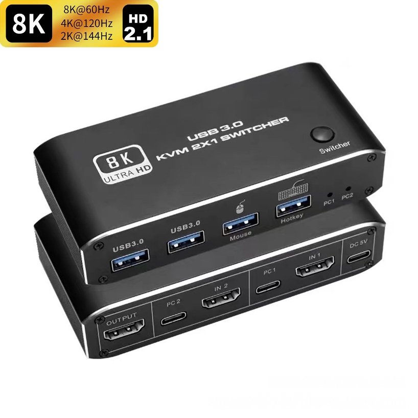 8K HDMI 2.1 KVM Switch Splitter USB 3.0 KVM switcher USB 2 in 1 out Switcher For computer monitor Keyboard Mouse EDID HDCP Print