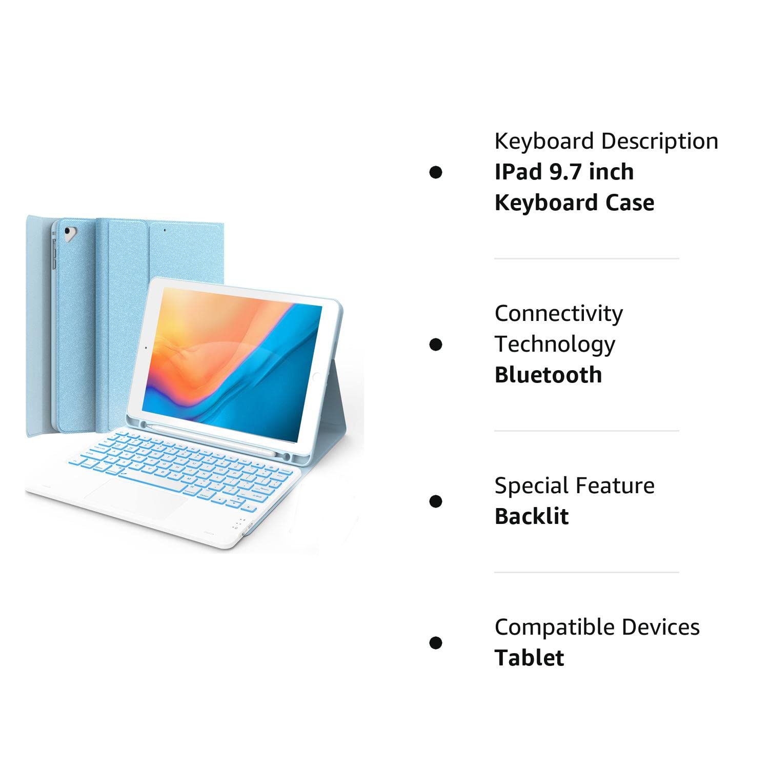 Detachable Tablet Keyboard Cover, with Touchpad and pencil holder kickstand for iPad 9.7 inch and ipad pro 9.7 inch
