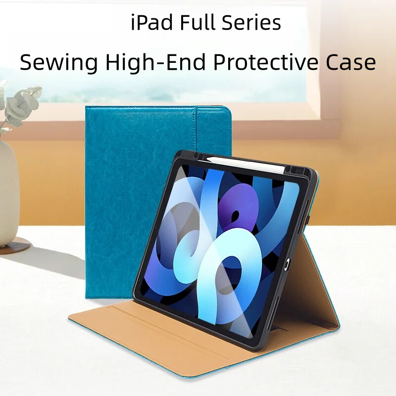Leather Sewing Style Tablet Case For 12.9'' iPad Pro Air Full Cover Shockproof Waterproof Keyboard Compatible With Pencil Slot