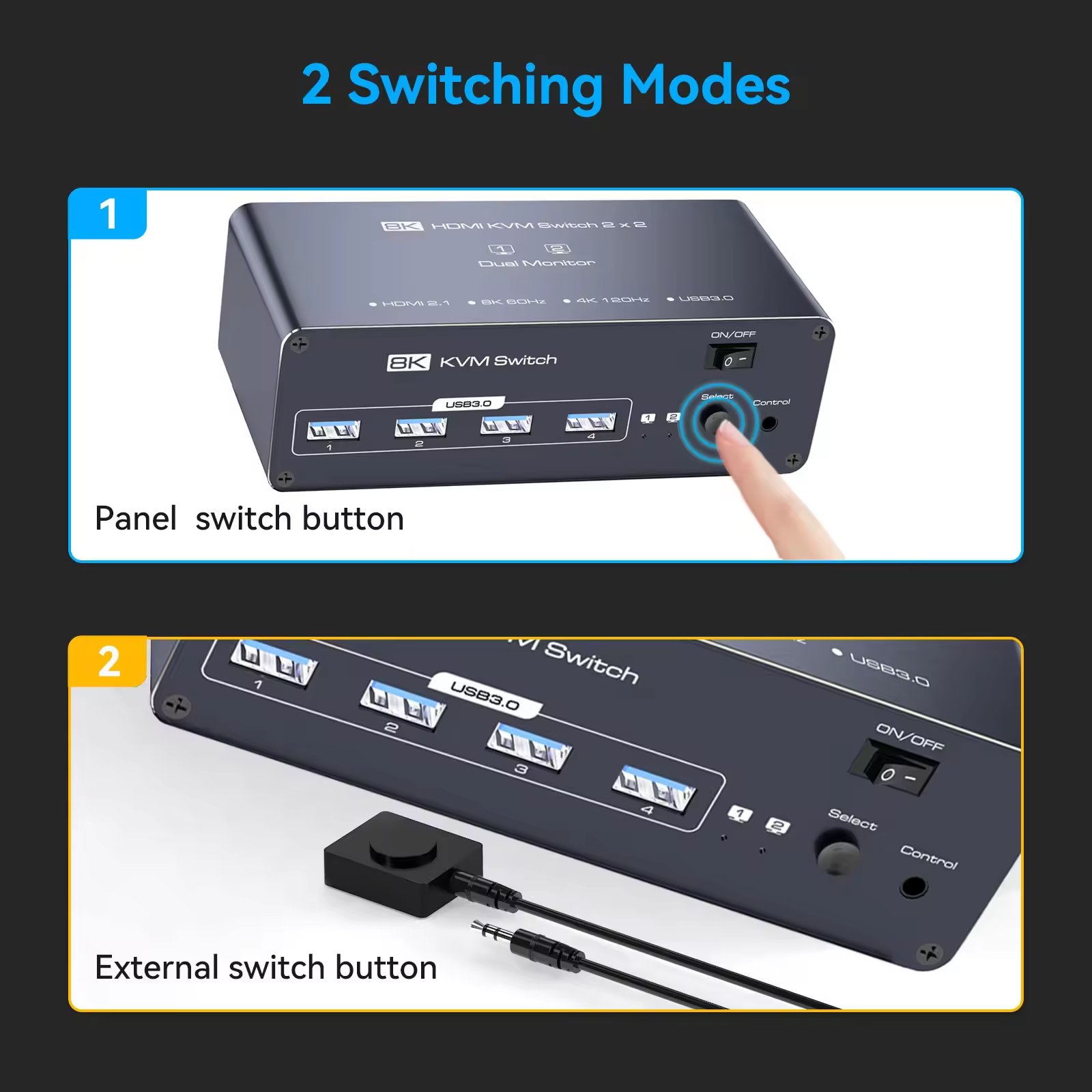 8K@60Hz 4K@120Hz HDMI USB2.0 KVM Switch 2 Port Dual Monitor Extended Display KVM Switcher