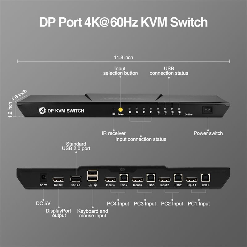 TESmart 4 Port DisplayPort 1.2 KVM Switch 4K60Hz with USB Hub 4 Switching Methods 4x1 DP KVM Switch