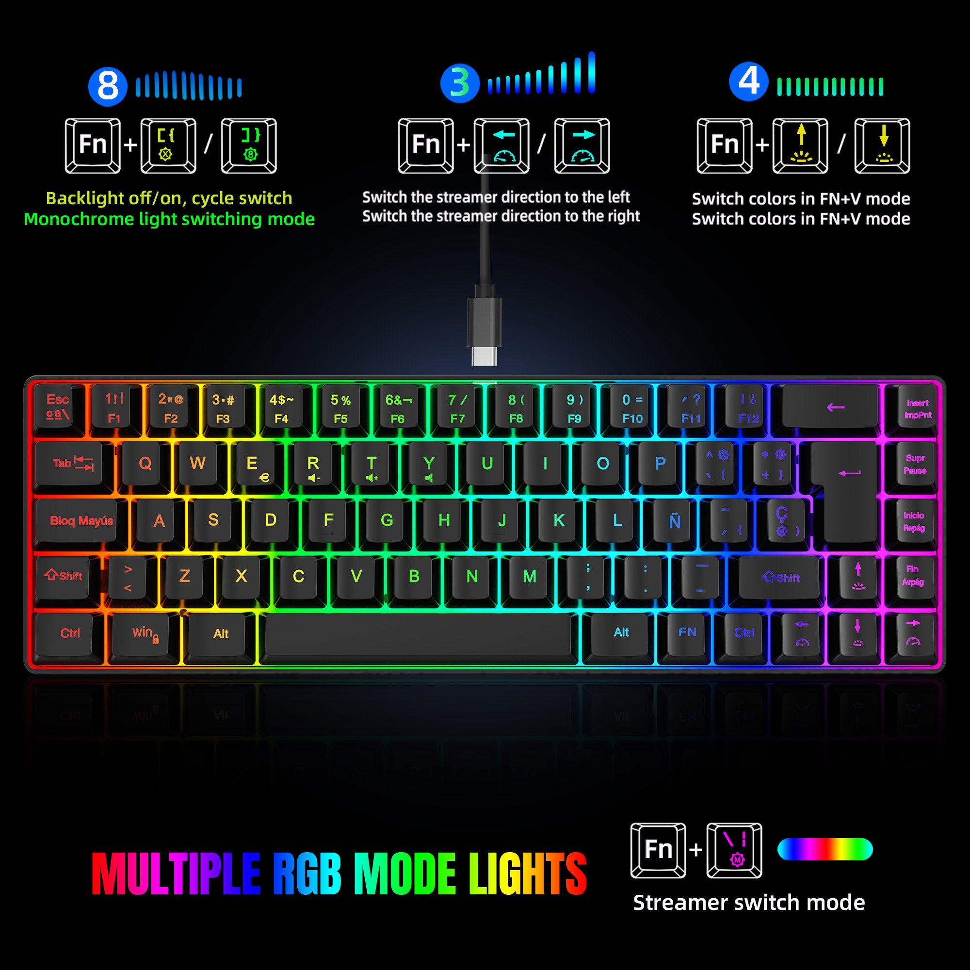 New arrival HXSJ V200 68-key Spanish ABS Type-C durable slient RGB luminous mechanical feel gaming keyboard for laptop pc