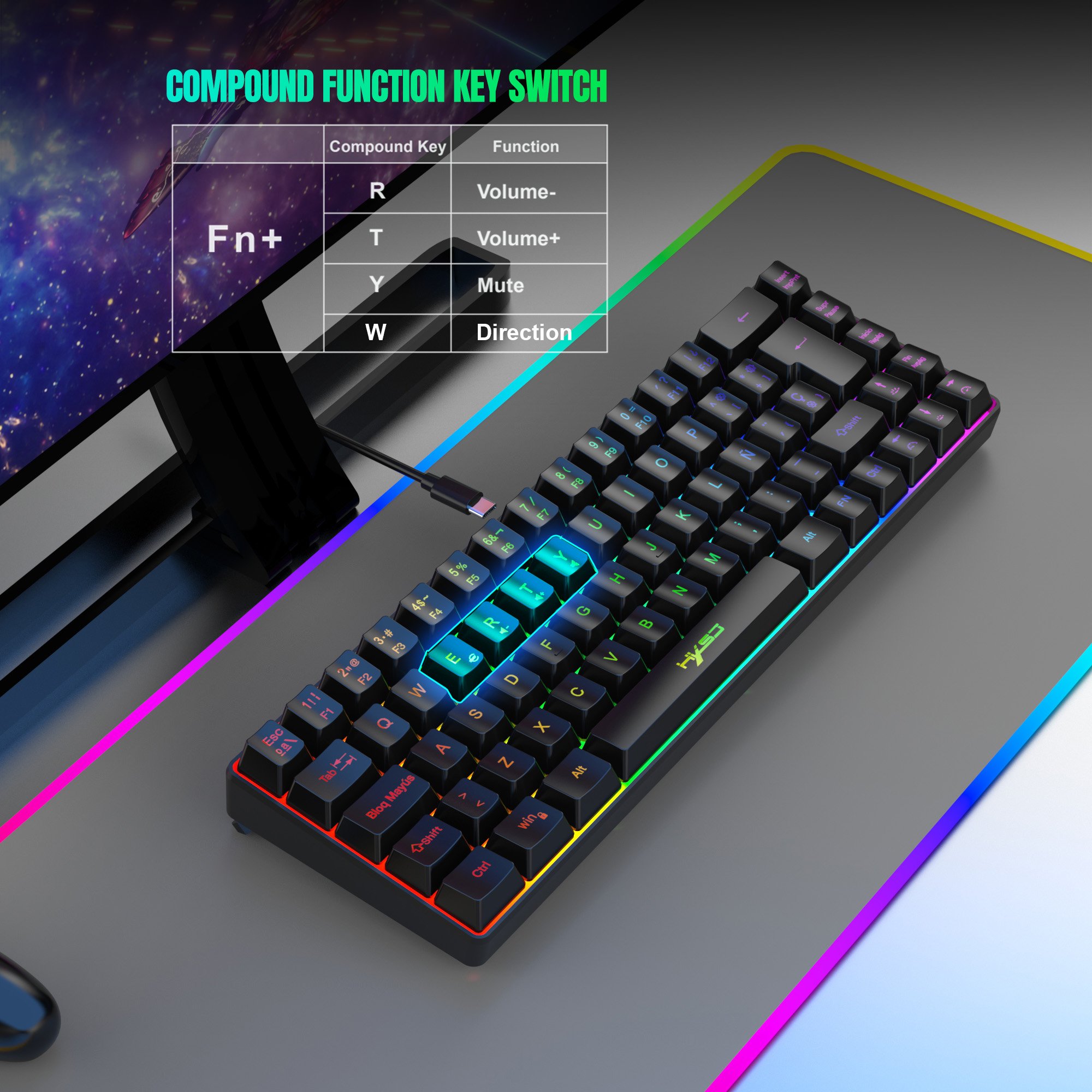 New arrival HXSJ V200 68-key Spanish ABS Type-C durable slient RGB luminous mechanical feel gaming keyboard for laptop pc